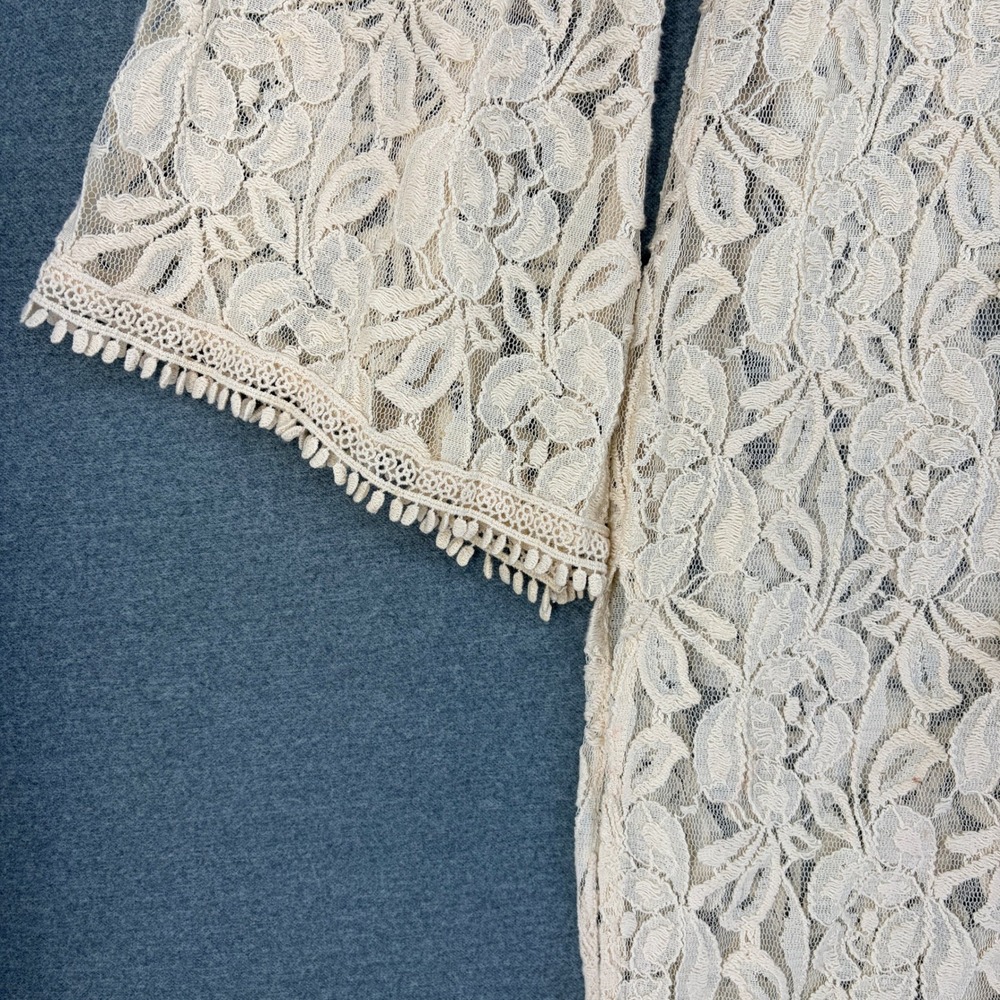 Forever 21 Cream Floral Lace Longline Duster Cardigan Bell Sleeve Pom Trim Small - Picture 3 of 8